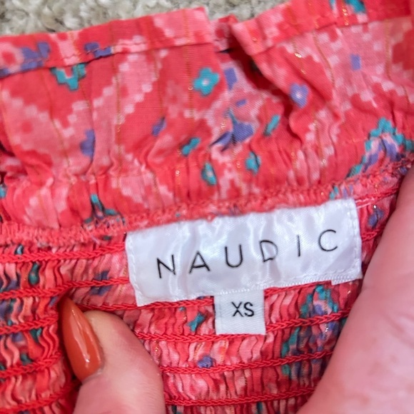 Naudic coral strapless smocked midi Dress floral front pockets metallic size xs - Picture 10 of 10